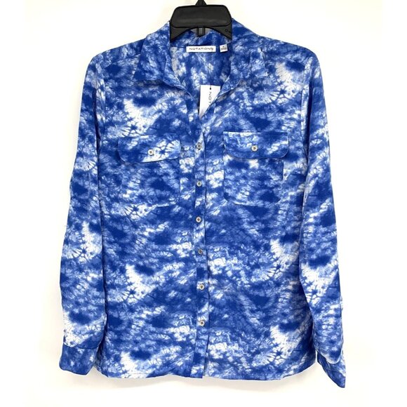 Notations Top Blue Tie Dye Button Down Roll Tab Sleeve NWT - Picture 1 of 9